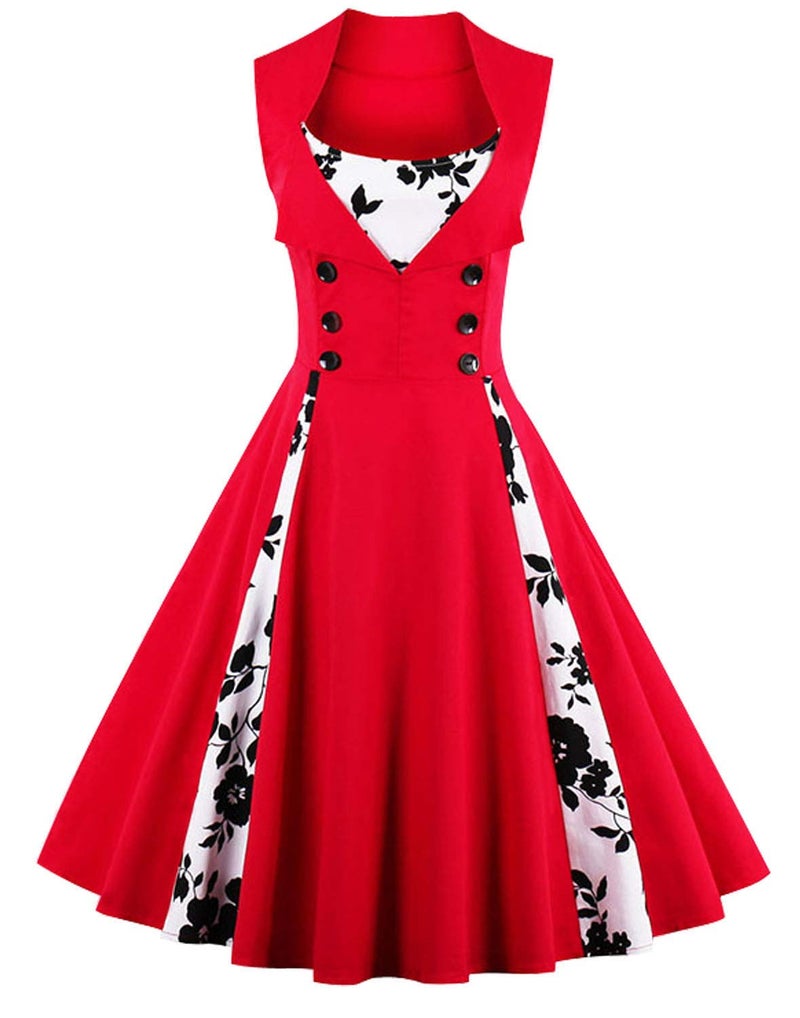 KILLREAL Women's Vintage Cocktail Floral Print Patchwork Christmas Holiday Party Dress Red Small - Image 1